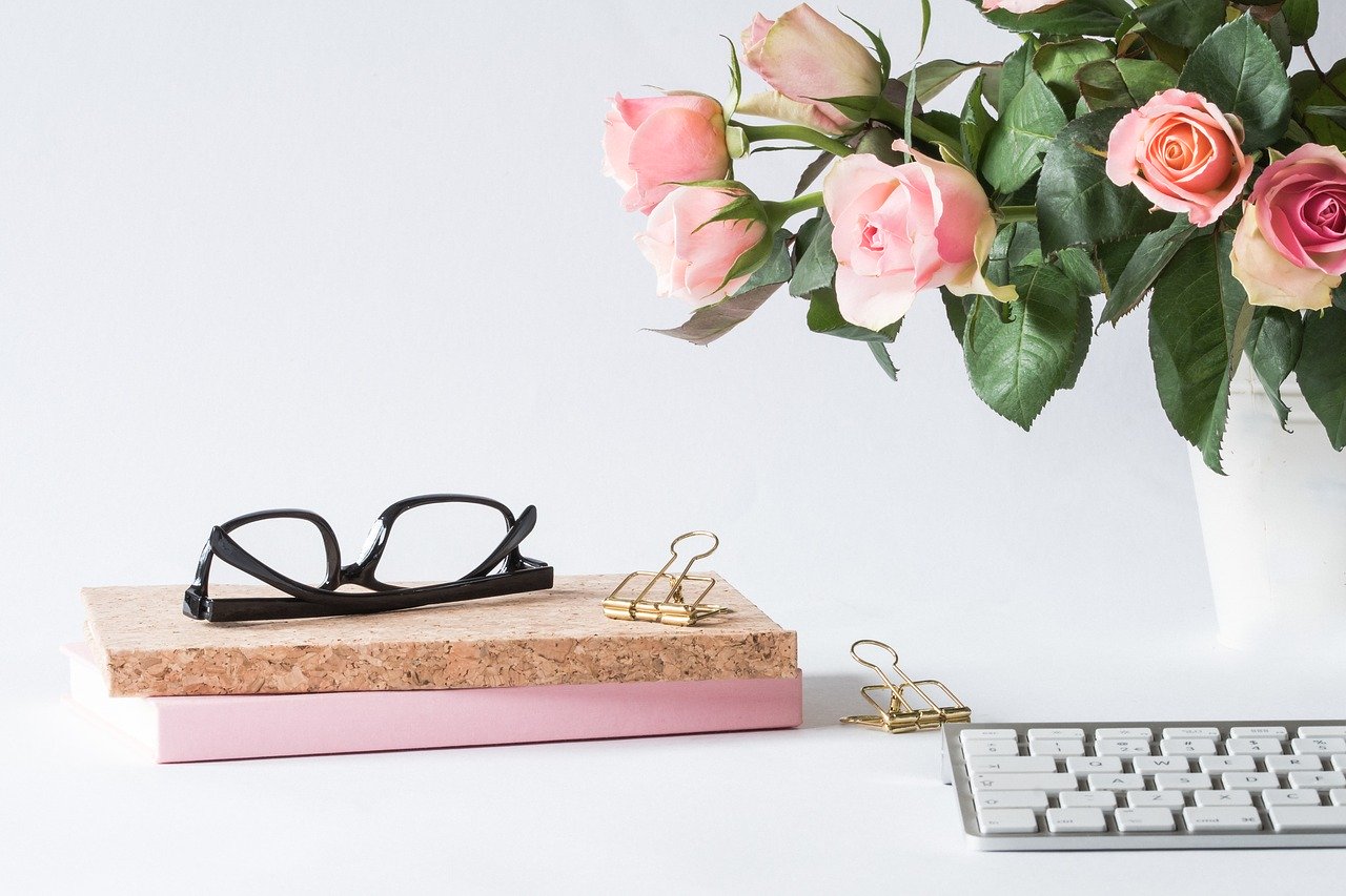 office, glasses, rose